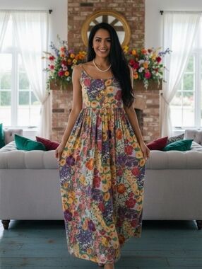 Vintage 90's Cottagecore Yellow, Purple and Red Floral Maxi Dress